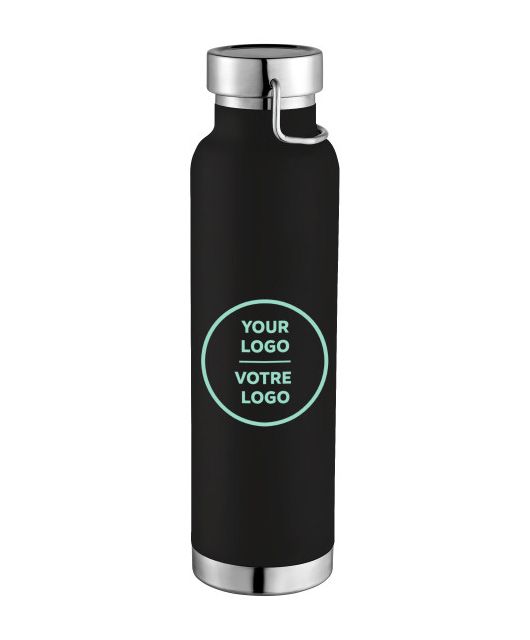 A sleek black 22oz Thor copper vacuum insulated bottle with a stainless-steel lid and a teal circular logo area