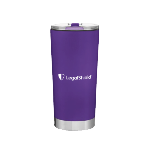 purple and silver drink tumbler with the legal shield logo on the side in white
