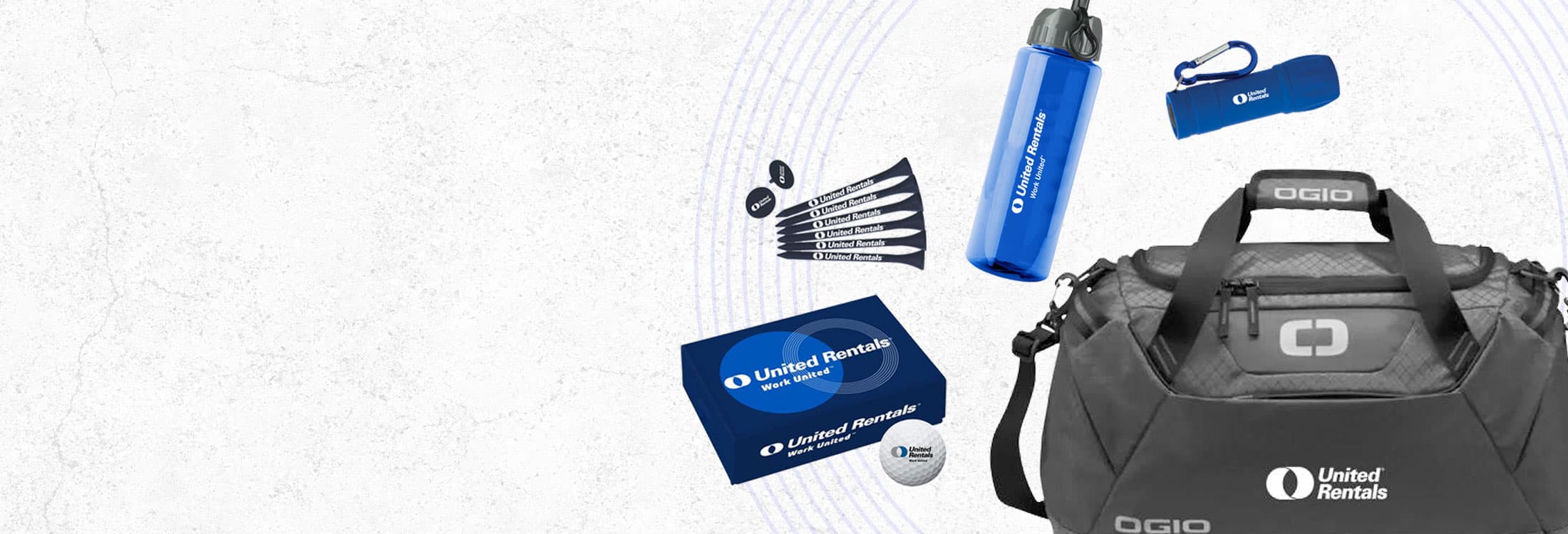 A collection of United Rentals branded merchandise including a black duffel, a blue water bottle, a blue flashlight, a golf ball box, and golf tees.
