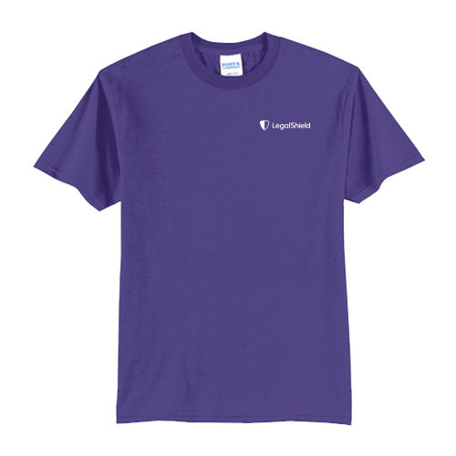 purple t-shirt with the LegalShield logo on the left chest in white