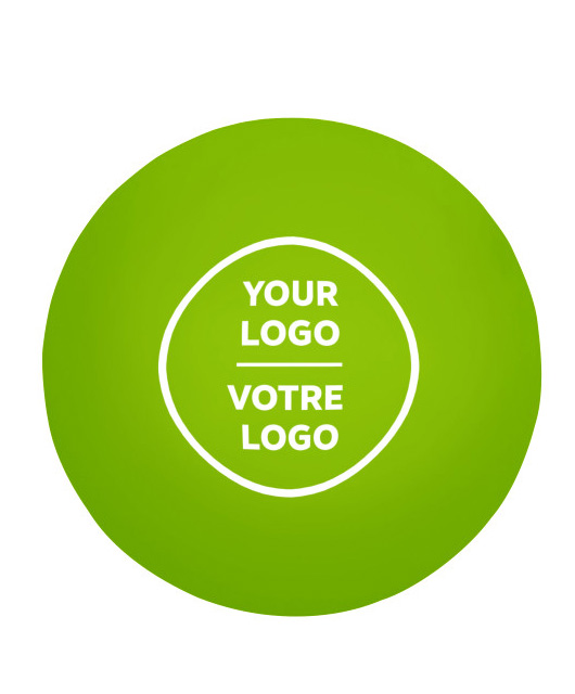 Bright green round stress ball featuring a bilingual Your Logo / Votre Logo imprint — affordable branded giveaway