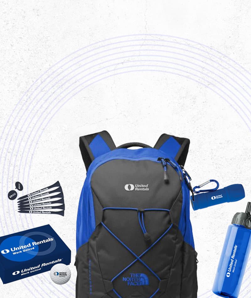 A collection of United Rentals branded merchandise including a blue and black backpack, a blue water bottle, a blue flashlight, a golf ball box, and golf tees.
