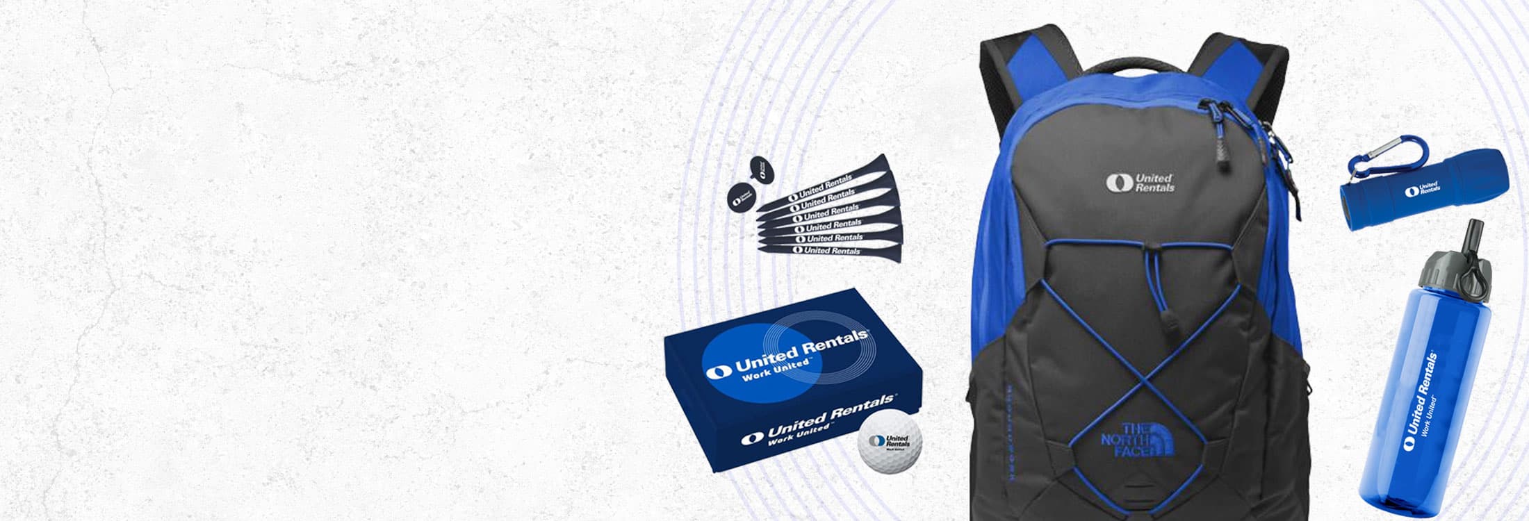 A collection of United Rentals branded merchandise including a blue and black backpack, a blue water bottle, a blue flashlight, a golf ball box, and golf tees.