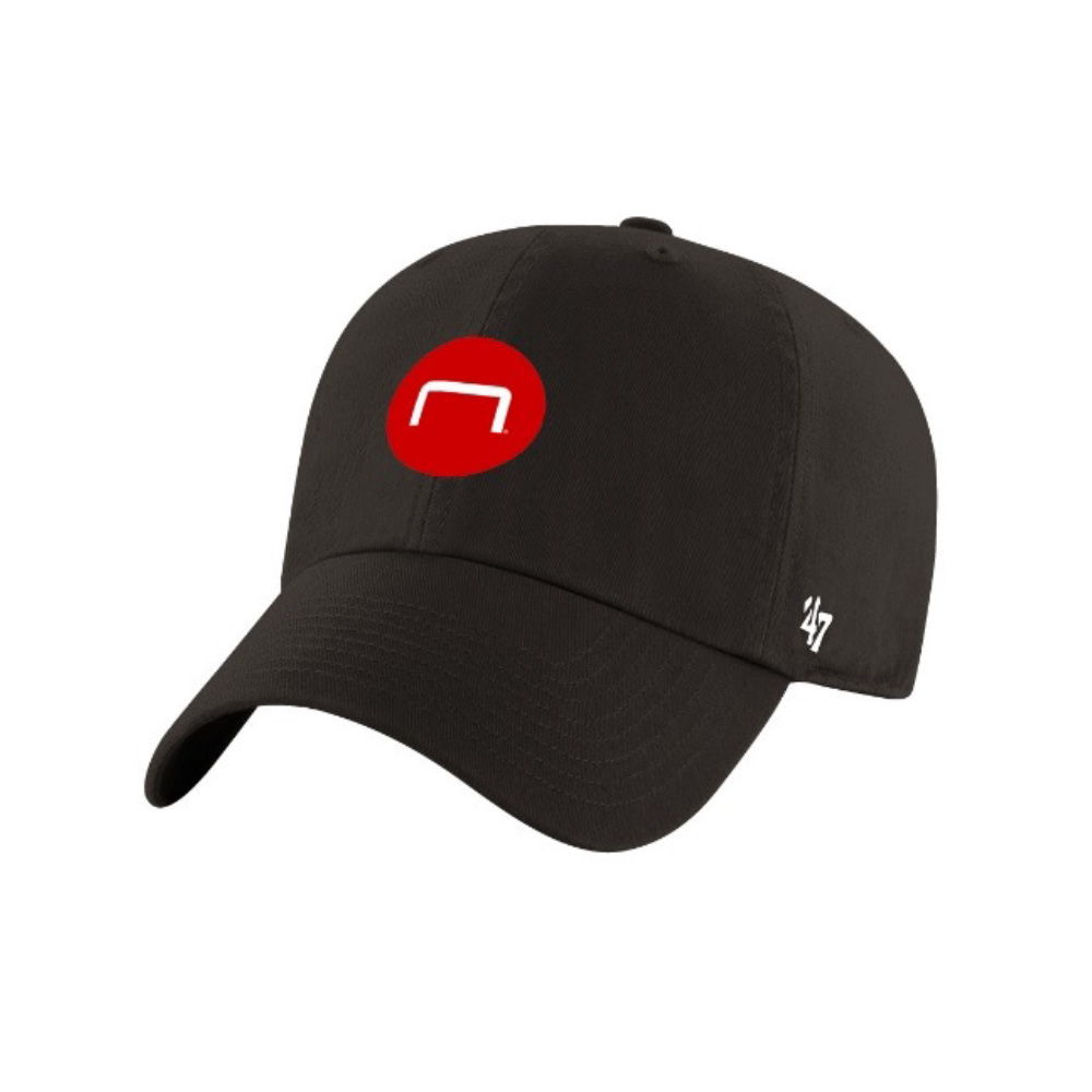 Black custom ’47 brand snapback hat featuring a full-sized red circular Staples Promotional Products logo as a stand-in for your brand’s logo.