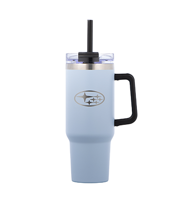 light blue subaru logomark tumbler with straw