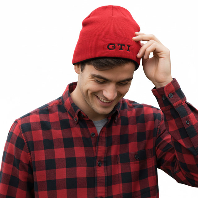 A man wearing a plaid shirt and a GTI Fleece Lined Toque