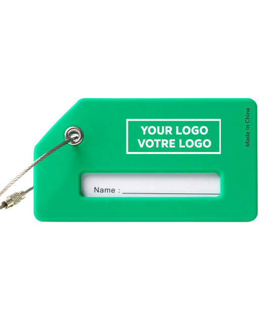 Green silicone luggage tag with Name window and Your Logo / Votre Logo imprint