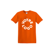 Icon of an orange custom t-shirt with placeholder logo. representing the custom apparel category