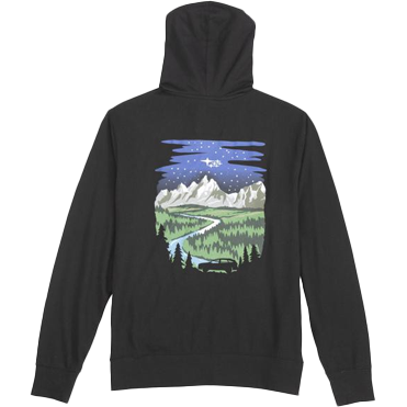 black Wild Tribute hoodie with graphic of a nighttime mountain landscape and the silhouette of a Subaru