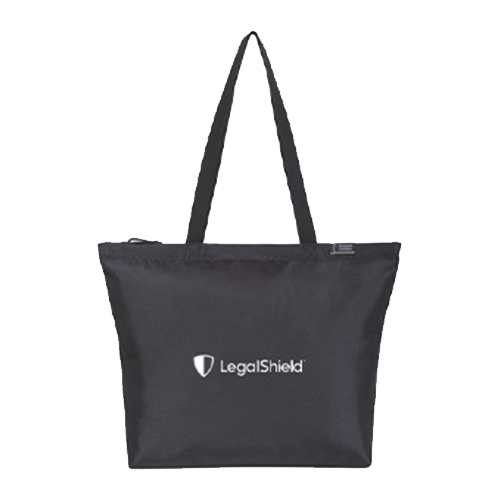 black zippered tote bag with the LegalShield logo on the side in white