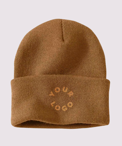 Brown Carhartt Toque with a circular lighter brown Your Logo in the center, representing custom hat options.​