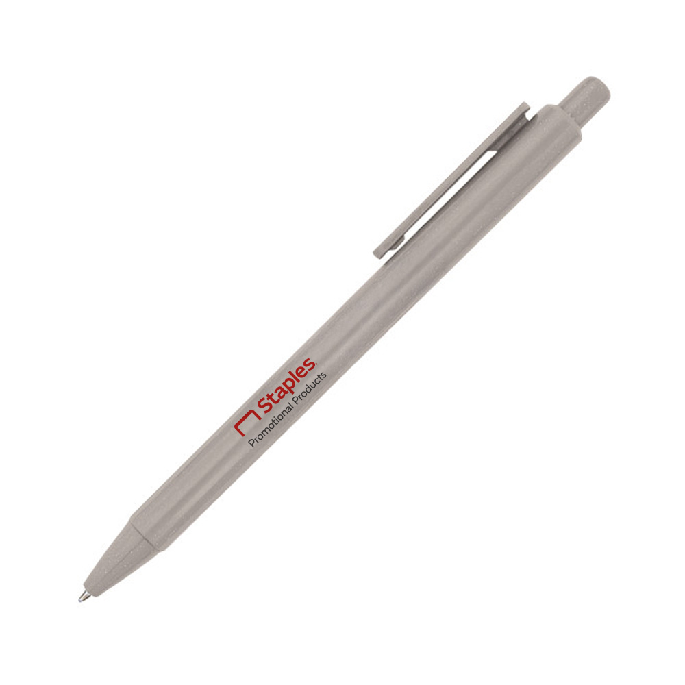 Gray custom eco-friendly plastic pen with a horizontal red Staples Promotional Products logo, serving as a stand-in for your brand’s logo.