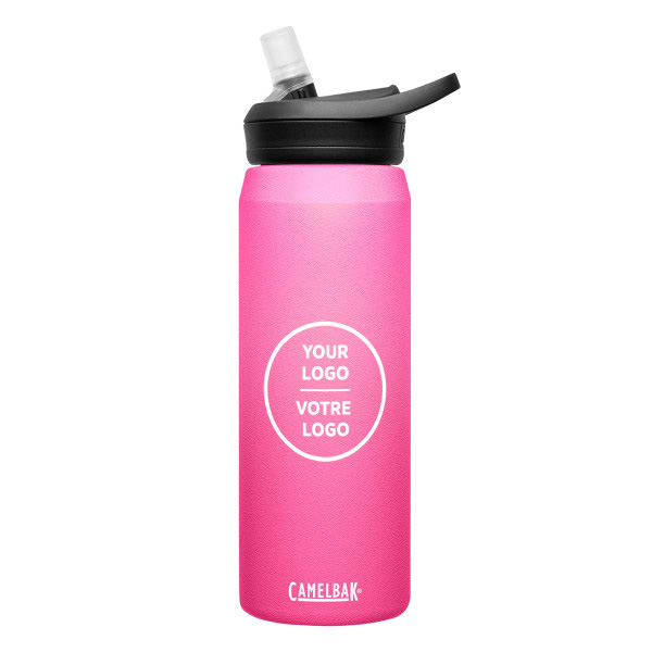 Bright pink CamelBak water bottle with a flip straw lid and bilingual Your Logo - Votre Logo print. Hydration meets branding.