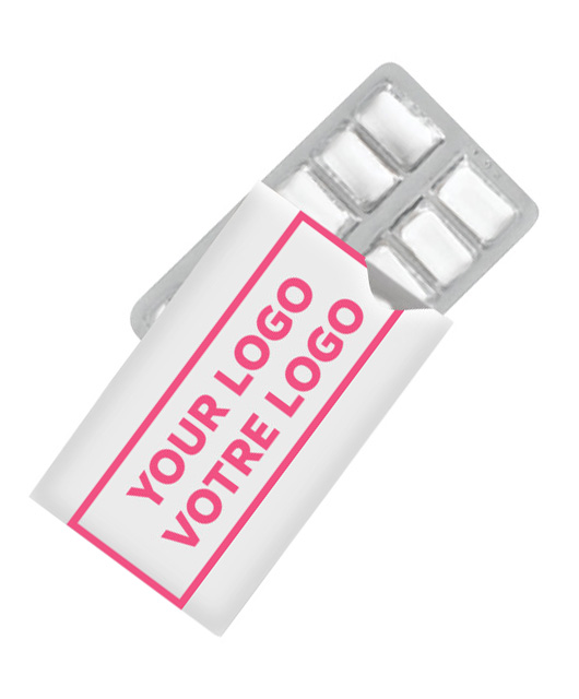 A sugar-free peppermint gum pack, featuring a white and pink label that says YOUR LOGO, VOTRE LOGO