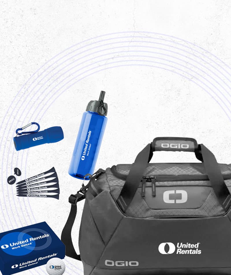 A collection of United Rentals branded merchandise including a black duffel, a blue water bottle, a blue flashlight, a golf ball box, and golf tees.