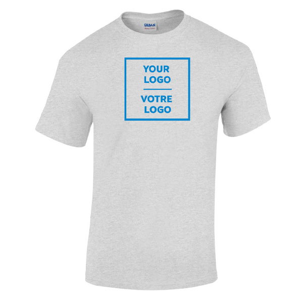Light gray unisex T-shirt featuring a centered blue square bilingual logo design. A clean slate for your custom brand story.