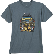 gray Wild Tribute shirt with cute graphic of the back of a Subaru with four happy dogs sitting in front of it