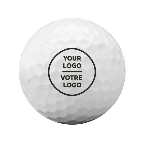 Textured white golf ball with black circular Your Logo - Votre Logo branding. An ideal promo product for company tournaments.