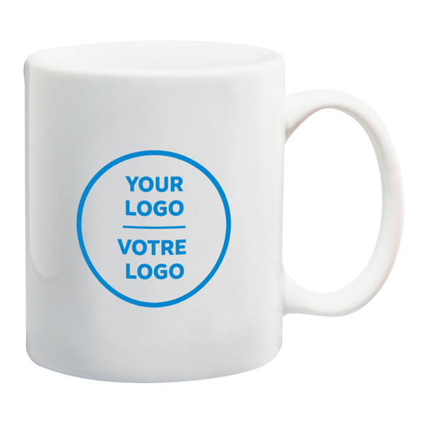 Classic white ceramic mug featuring a blue bilingual Your Logo - Votre Logo circle design, perfect for everyday brand visibility.