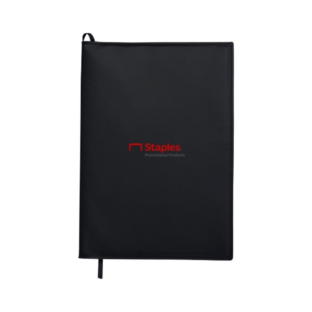 Black custom leather journal with a horizontal Staples Promotional Products logo as a stand in for your brands logo.