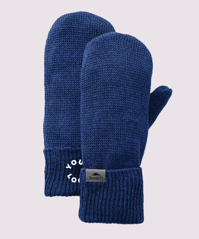 Blue Roots76 mittens with a circular white Your Logo shown on the back glove, representing custom holiday product options.​