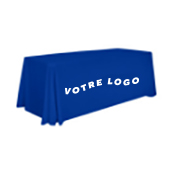 Icon of a blue branded tablecloth with placeholder logo. used to represent event displays and trade show setups