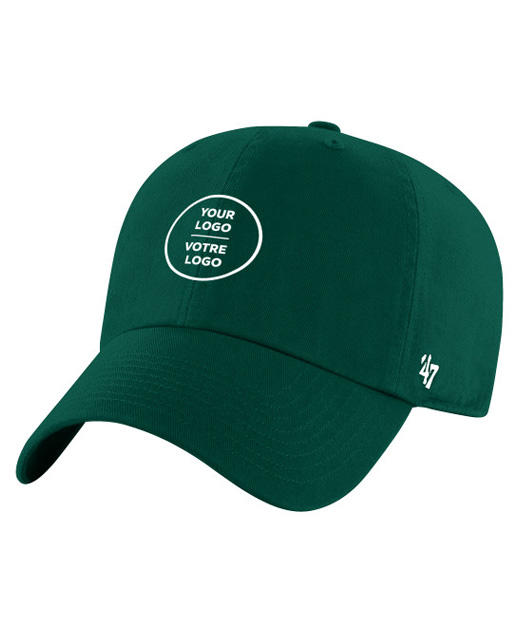 Forest green '47 Brand Clean Up baseball cap with round bilingual logo imprint — a customizable headwear favorite