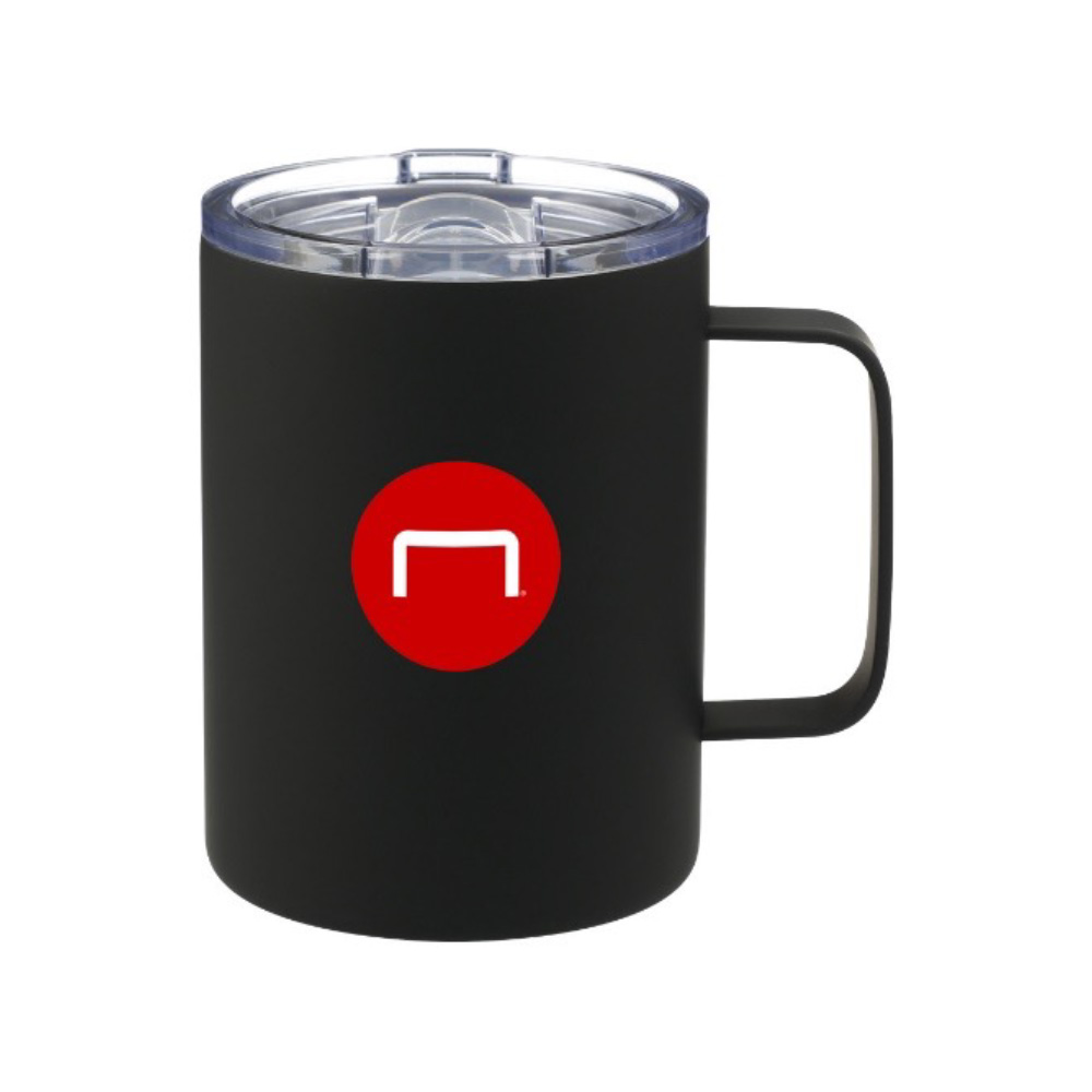 Custom Travel Mug with a full-sized red circular Staples logo as a stand in for your brands logo.