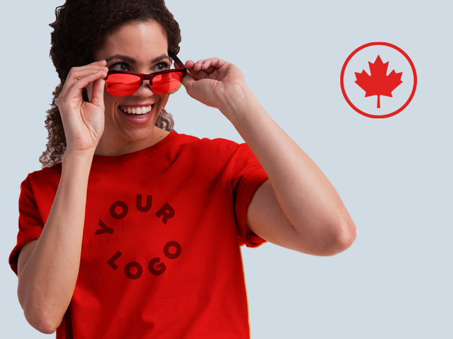 Woman in yellow sunglasses and matching shirt with YOUR LOGO, beside a red maple leaf badge. The image promotes Made in Canada products
