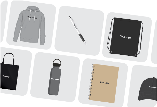 an array of promotional products with the words Your Logo on each