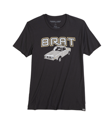 black Subaru retro design mens tee with the word BRAT