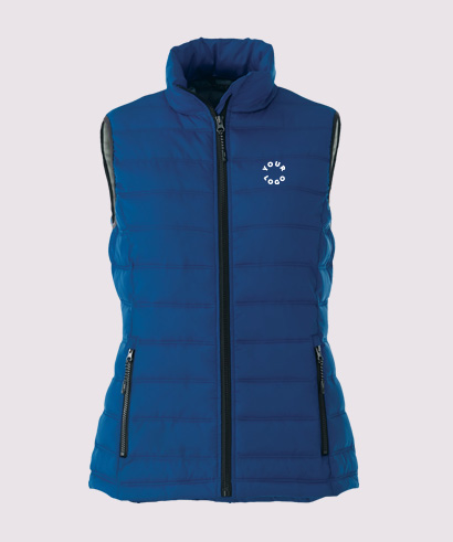 Blue puffer vest with black zippers and white “Your Logo” text on the chest, representing customizable clothing.​