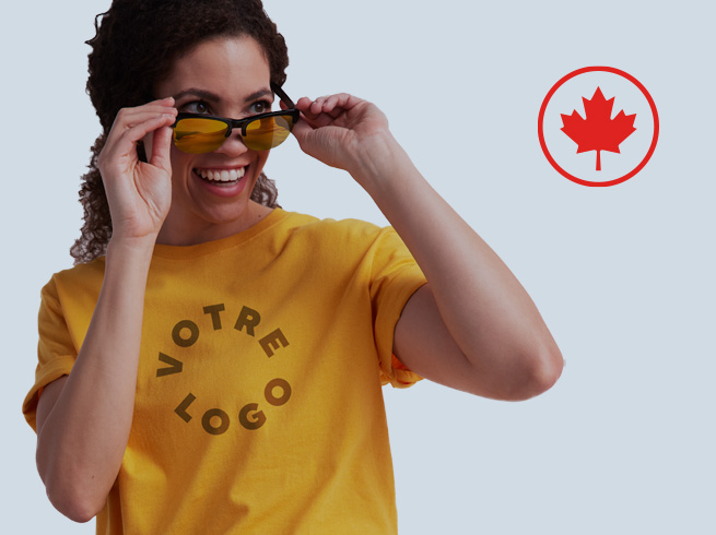 Woman in yellow sunglasses and matching shirt with YOUR LOGO, beside a red maple leaf badge. The image promotes Made in Canada products