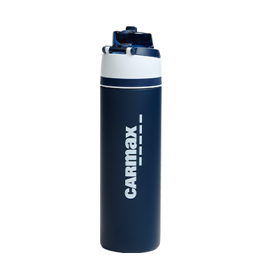 navy water bottle with white logo