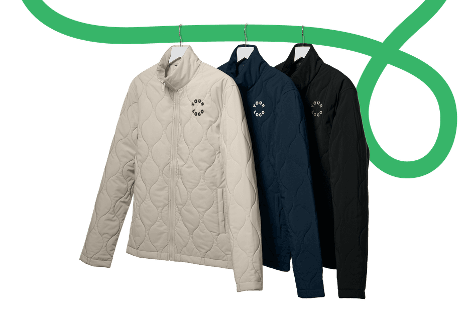 rack of quilted jackets in the colors of tan, navy, and black