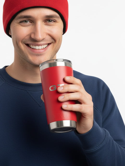 A man holidng a GTI tumbler wearing a GTI cap and blue sweater.