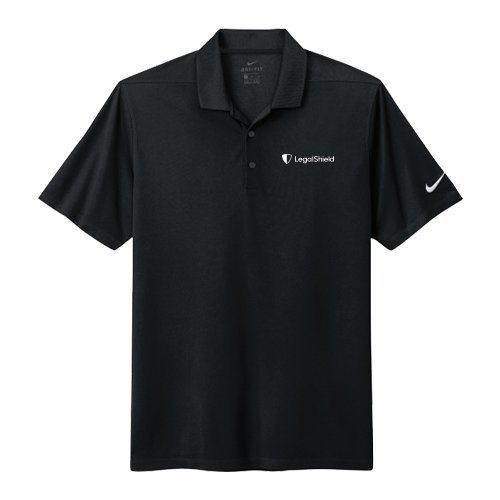 black polo with the LegalShield logo on the left chest in white and the Nike swoosh logo on the left sleeve in white