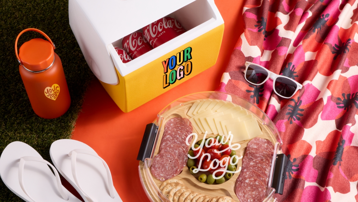 an assortment of useful and unique products to use for an outdoor picnic or event - including a charcuterie board and Igloo cooler. All products displayed are branded with Your Logo