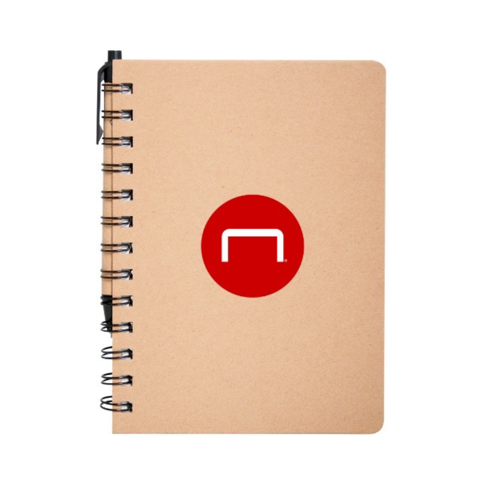 Custom eco-friendly cardboard notebook with pen featuring a full-sized red circular Staples Promotional Products logo as a stand in for your brands logo.