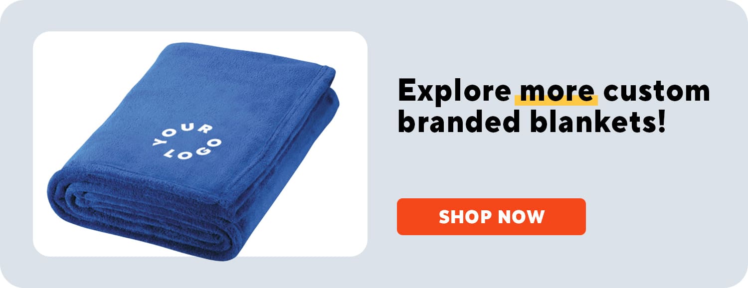 A cozy blue blanket that is branded with your company's logo | Shop Custom Outdoor & Leisure Merchandise at StaplesPromo.com