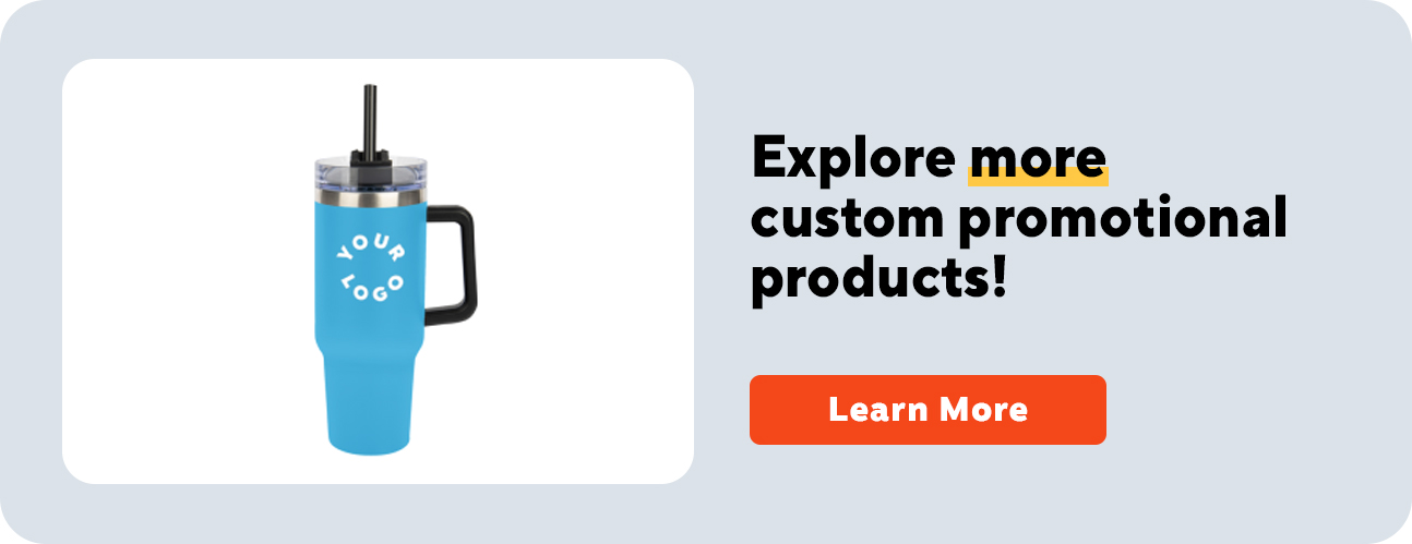Custom drinkware and button to learn more