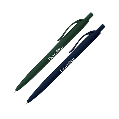 a dark green pen and a dark blue pen with the domtar logo in white along the side