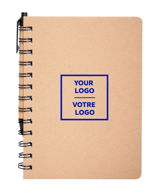 A recycled cardboard notebook with a spiral binding and a matching recycled paper pen, with a customizable blue logo label