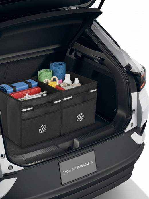 Trunk of a VW vehicle displaying a Trunk Organizer.
