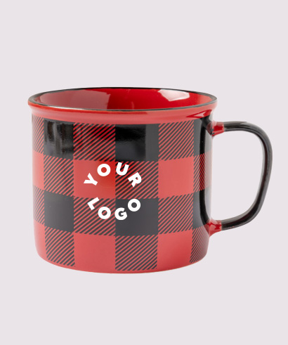 Black & red checkered mug with a circular white Your Logo in the middle, representing custom drinkware options.​