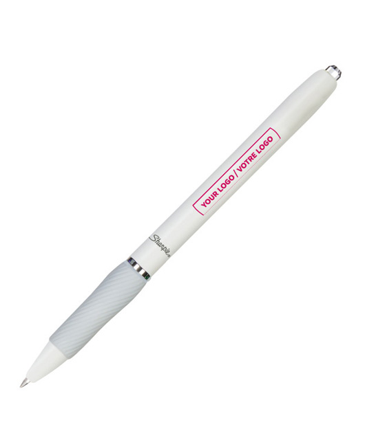 White Sharpie S-Gel pen with textured grip and pink Your Logo / Votre Logo imprint — available for custom branding