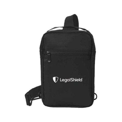black backpack with multiple zippered pockets and the legal shield logo on the front in white