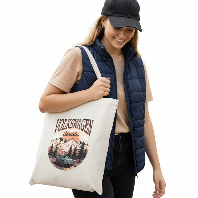 A lady wearing a hat and vest carrying a Recycled Cotton Tote.