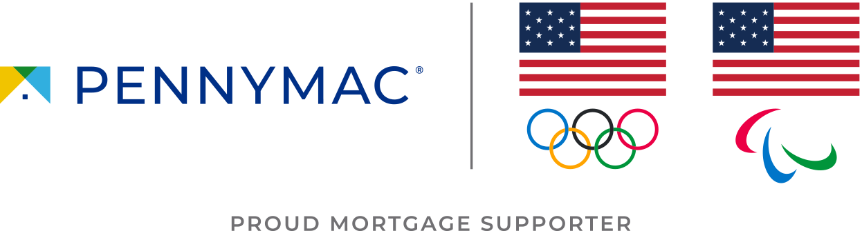 The Pennymac logo locked up to the left of the U.S. Olympics logo and the U.S. Paralympics logo, both with their own U.S. flag above them. Below are the words Proud Mortgage Supporter