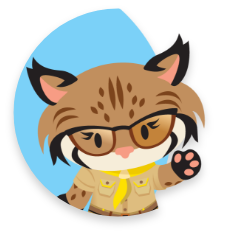 Salesforce bobcat cartoon waving while wearing a khaki shirt with a yellow bandana around the neck and glasses on their face